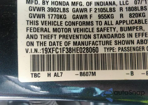 2017 Honda Civic Ex-T z USA, uszkodzony, nr VIN 19XFC1F38HE028060